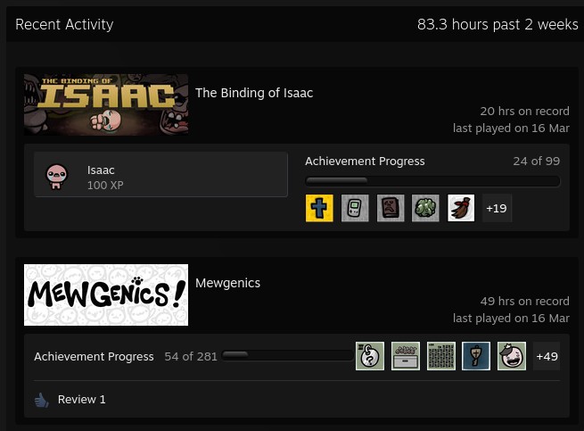 Steam Recent Activity with The Binding of Isaac and Mewgenics